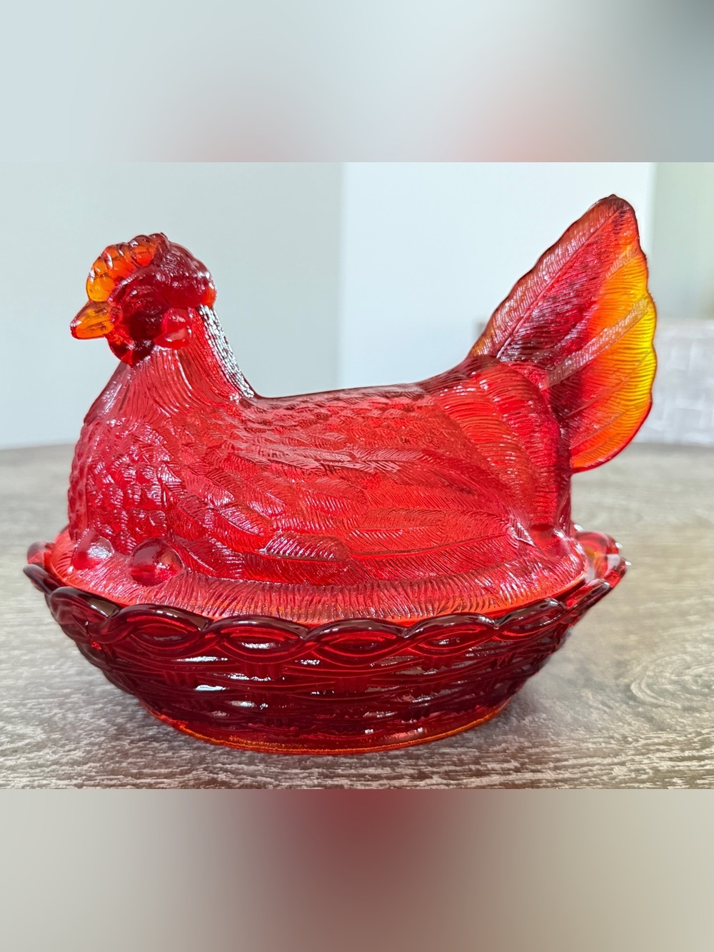 Vintage Mosser 7" Split Tail Hen on Nest - UV Reactive Cadmium Amberina Glass